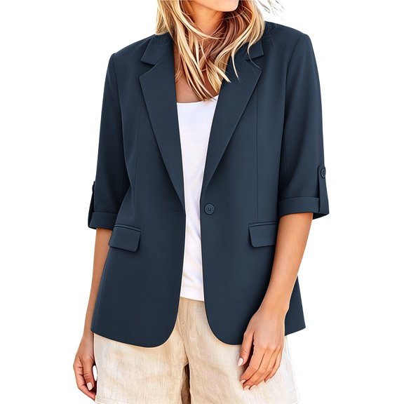 cocolona Womens 3/4 Sleeve Blazers Dressy Casual Open Front Business Solid Color Jacket With Roll Tab Cuffs And Pockets