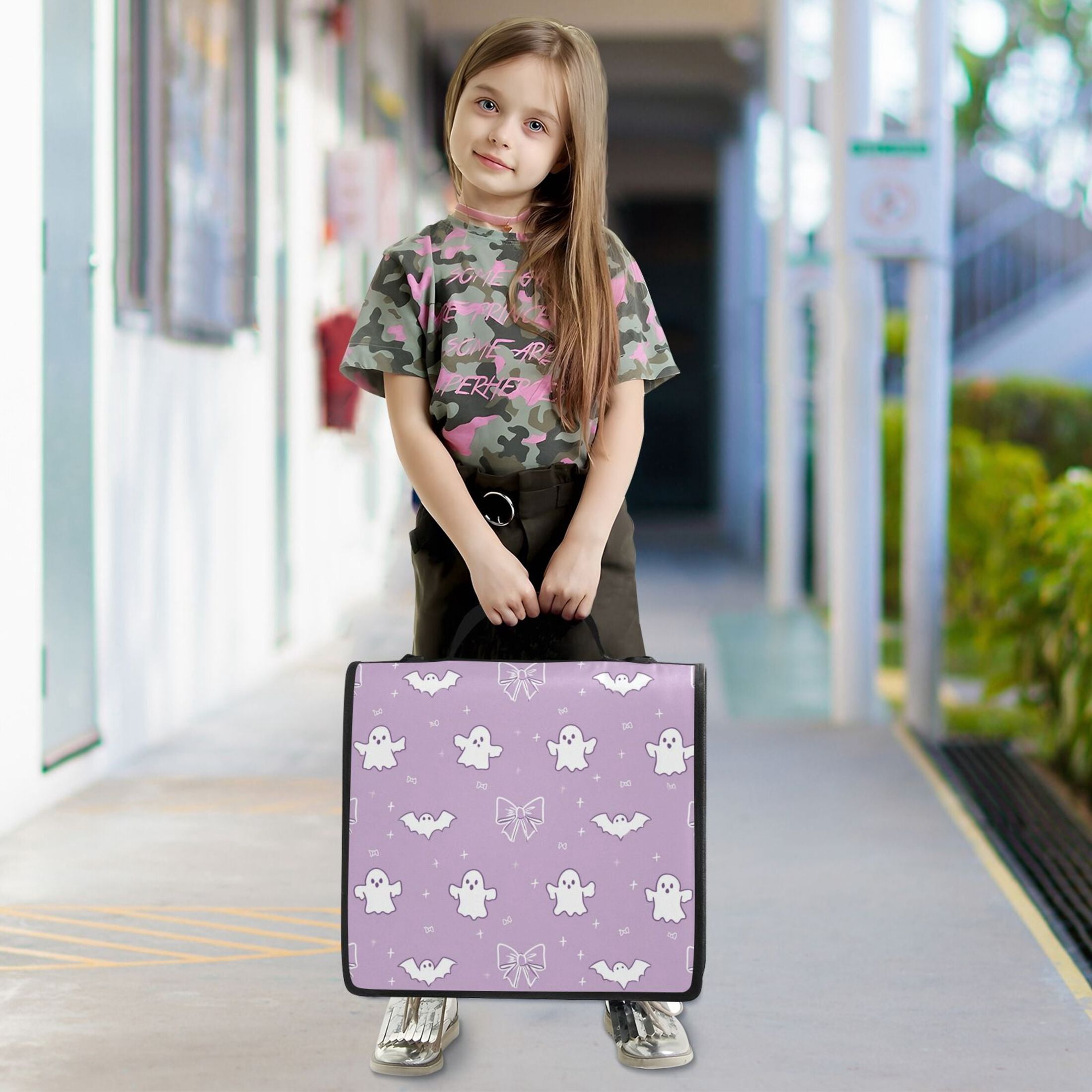 Water-Resistant 3-Ring Binder Organizer with Multiple Pockets Zipper Binder Bag for Office Purple Bows and Bats