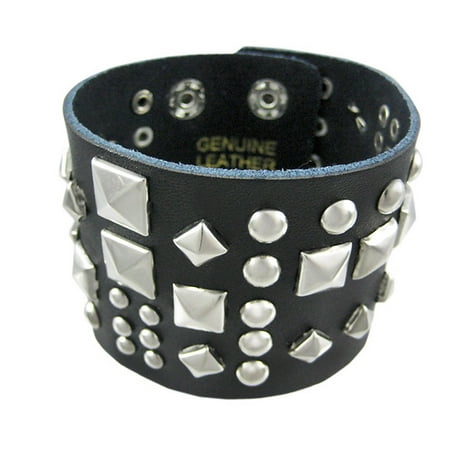 - Black Leather Double Snap Clasp Wristband Chrome Pyramid Studs Metal