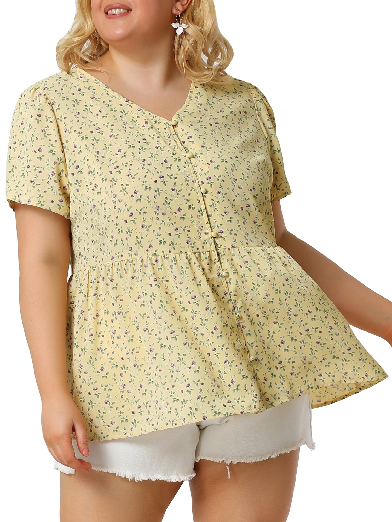 DARING DIVA Women's Plus Floral V Neck Short Sleeve Peplum Top 2X Yellow