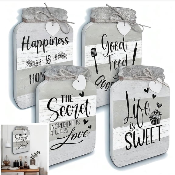 4 Pcs Mason Jar Wall Decor Set, Kitchen Wall Hanging Art Signs, Plastic Jar Shaped Rustic Plaques, Rustic Wall Decoration Signs, Charming Farmhouse Decoration for Home Cafe Bar