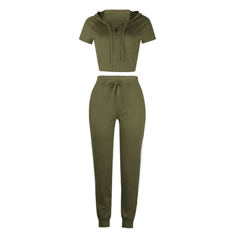 Women Sexy Short Sleeve Two Pieces Outfits Tracksuit Lace Up Crop Hoodies  with Skinny Sweatpants Sweatsuit Sports Sets