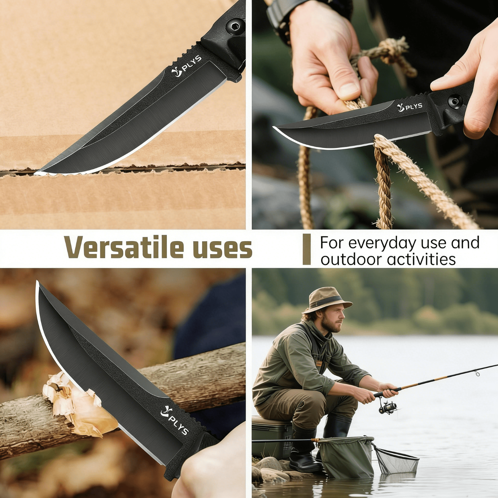 Plys 3.8 inch Fixed Blade Camping Knife, Full Tang Outdoor Tactical Knives with Kydex Sheath, Hunting Hiking Essentials Gear