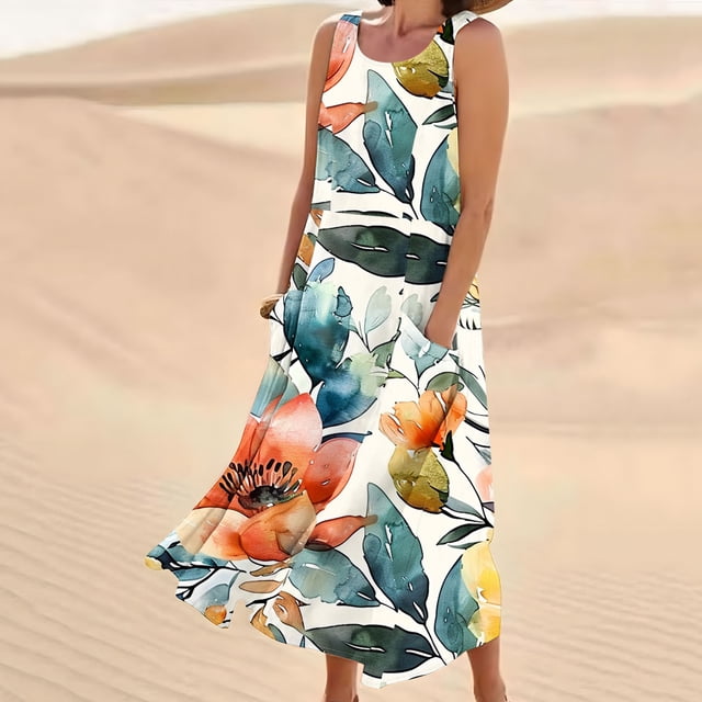 FcBaudy Robe Sans Manches à Col Rond, Robes d'Été pour Femmes, Robes pour Femmes Robe Longue Sans Manches en Lin Imprimée avec Poche