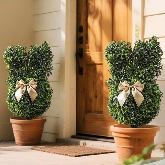 ValHome 2PCS Easter Bunny Topiary Tree - 29" Rabbit Faux Boxwood Premium Artificial Garden Topiary Yard Decoration with Bow - Outdoor Lawn Stake for Spring, Easter Pathway & Porch Decorations Pink