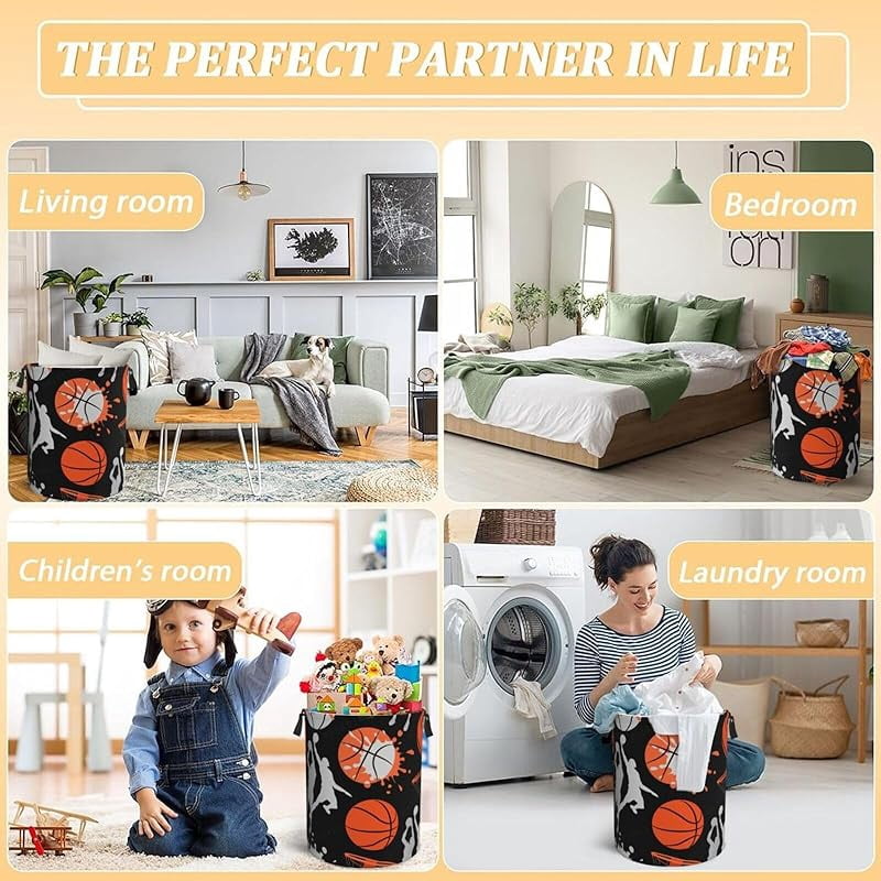Basketball Sport Theme Laundry Hamper Bag With Waterproof Liner - Round Laundry Basket Foldable Clothes Storage Organizer For Bathroom Bedroom Nursery Dorm