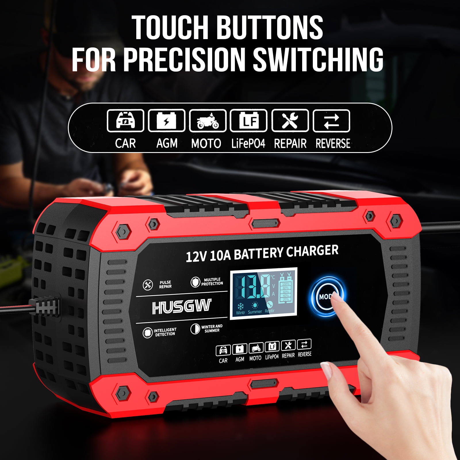 HUSGW Battery Charger 10-Amp 12V Fully-Automatic Smart Car Battery Charger, Battery Maintainer Trickle Charger, Compatible with Lead-Acid & LiFePO4  Iron Batteries，AGM, STD, Gel, Deep Cycle Batteries