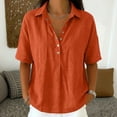 thumbnail image 2 of Hngshg Plus Size Tops for Women Linen Button Collared Comfy Short Sleeve Solid Color Casual Blouses Summer Vacation Going out Tops, 2 of 7
