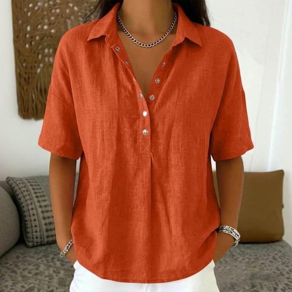 CheerKidz Women's Solid Color Collared V-Neck Short Sleeve Button-Down Shirt Orange 3XL