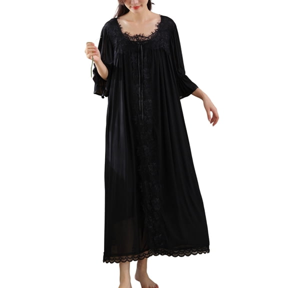 SWSMCLT Women's Cute Victorian Nightgown See Through Long Vintage Soft Mesh Fall Pajamas Princess Pjs Summer Cotton Black Small