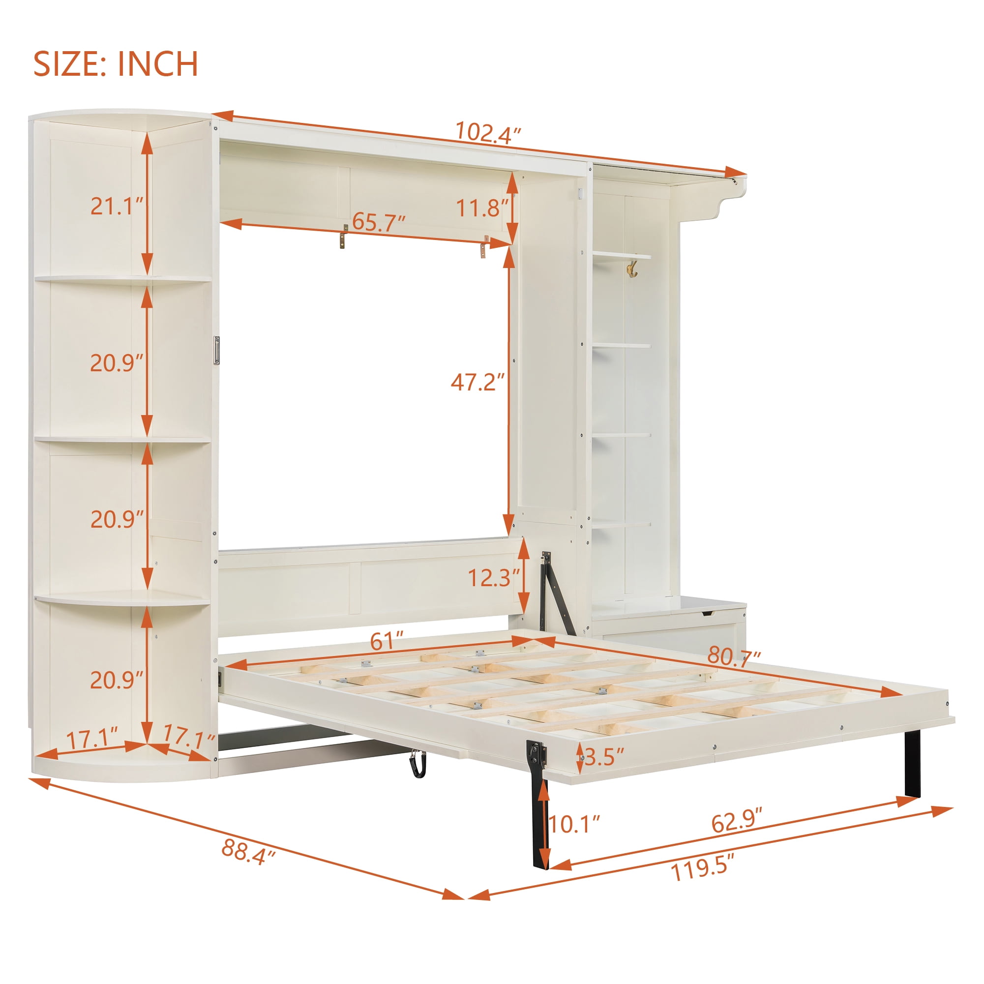 Aukfa Queen Murphy Bed with Storage & LED Lights, Space-Saving Modern Wall Bed Cabinet with Shelves & Hanging Hook for Small Spaces, Guest Room, Home, White