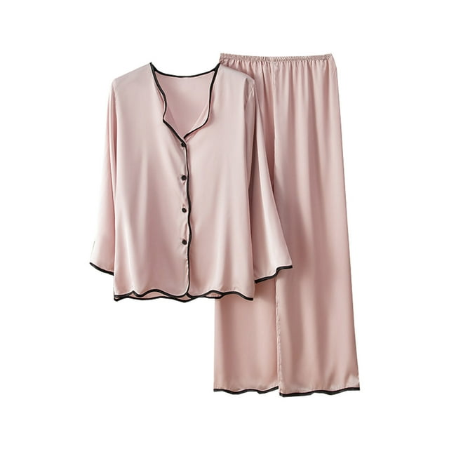 CEHVOM Womens Fashion Solid Color Pajamas Two Piece Suit Long Sleeve Pants Set Homewear Clearance