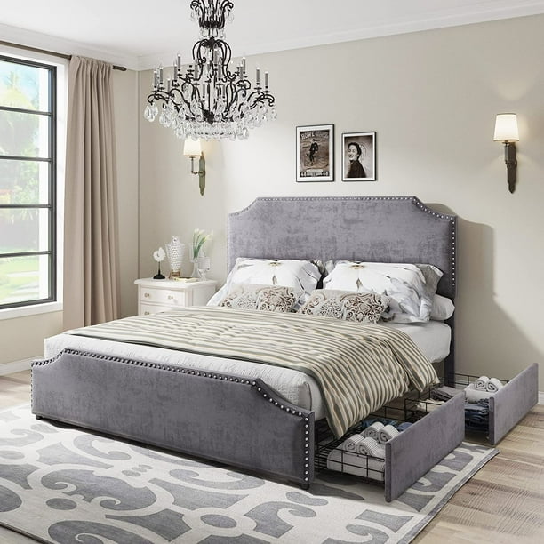 AMERLIFE King Size Bed Frame with 4 Storage Drawers and Headboard, King
