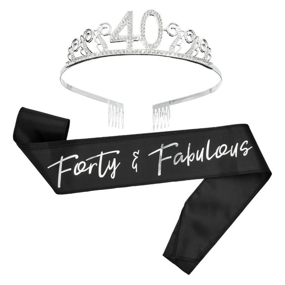 40th Birthday Sash and Tiara for Women, Forty and Fabulous Party Decorations (Black Satin)