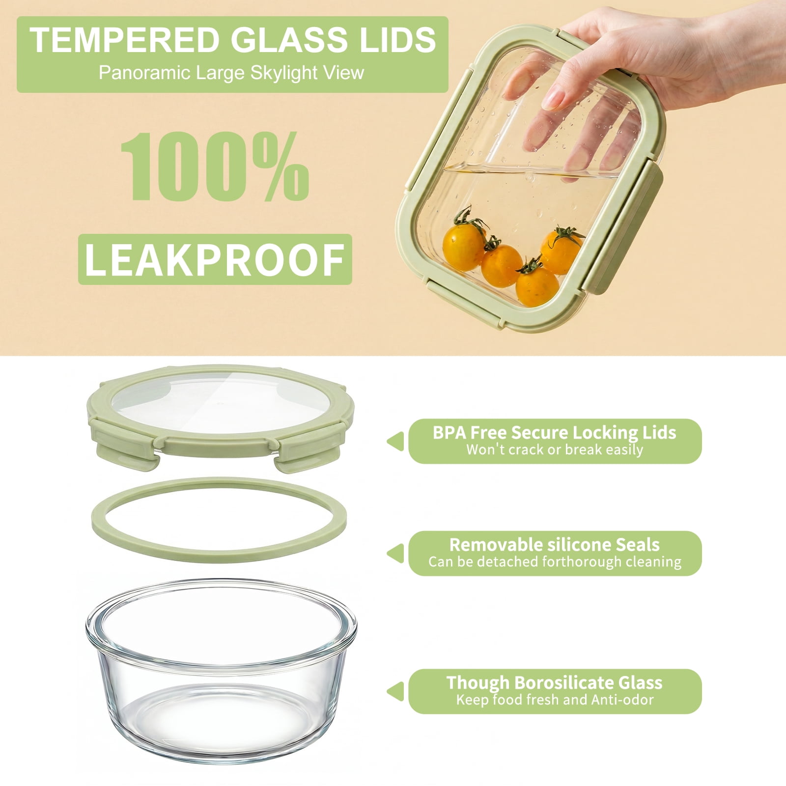 36 Pcs Glass Food Storage Containers with Tempered Lids Set, Borosilicate Oven-Safe(-4°F~950°F), Airtight Meal Prep Lunch Box Containers (18 Containers & 18 Lids), Green