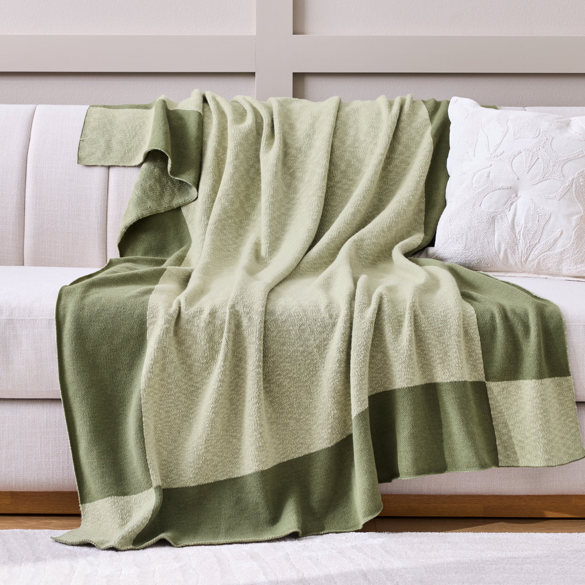 Better Homes & Gardens Border Knit Oversized Couch Throw Blanket, Pesto Cream, 50 x 72 in
