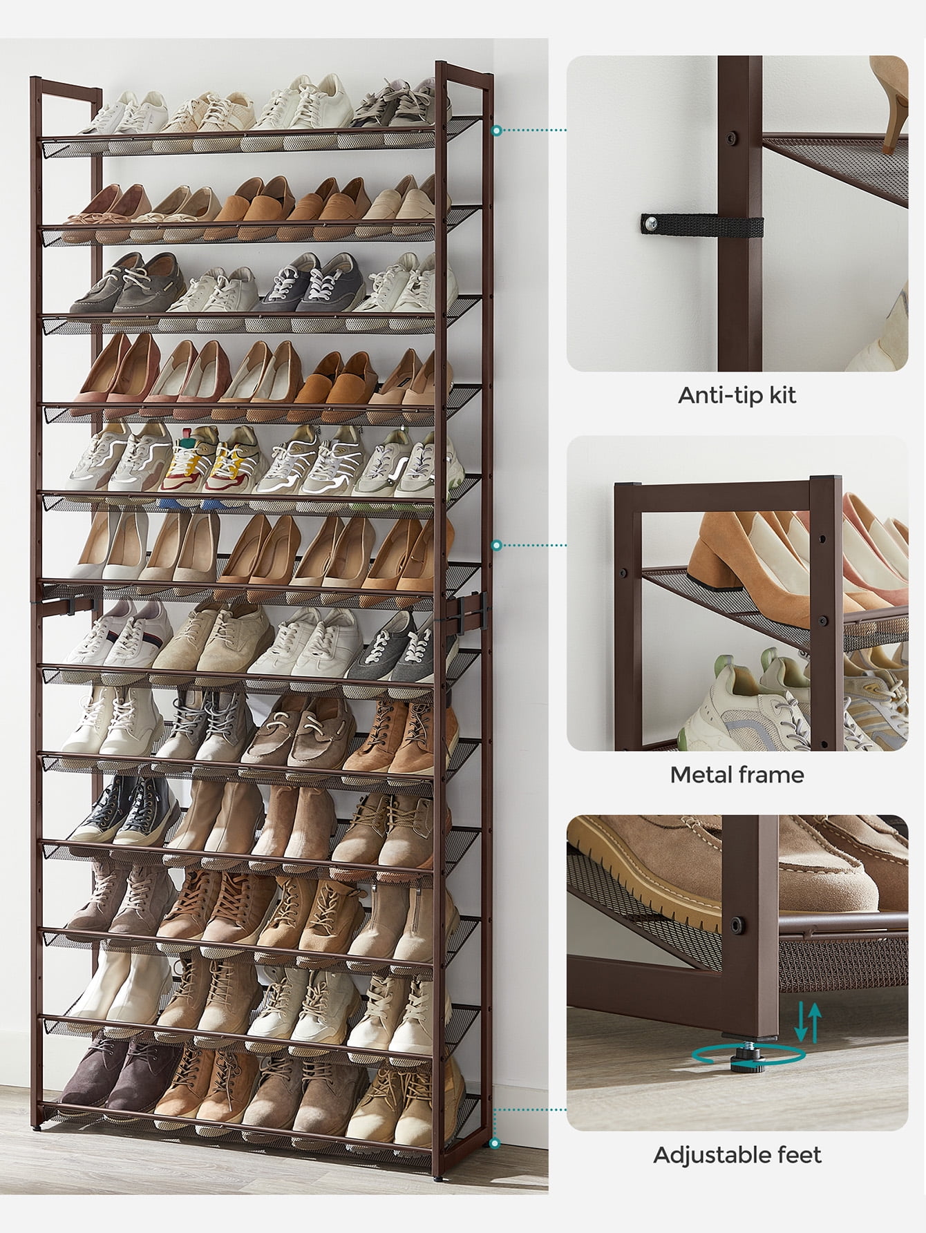 Shoe Rack, 8-Tier Shoe Organizer, Metal Shoe Storage for Garage, Entryway,  Set of 2 4-Tier Stackable Shoe Shelf, with Adjustable Flat or Angled Shelves,  Holds 32-40 Pairs, Bronze – Built to Order
