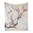 thumbnail image 1 of Nature Soft Flannel Fleece Throw Blanket, Flowers Buds and Birds with Cherry Branches Style Artwork Painting Effect, Cozy Plush for Indoor and Outdoor Use, 50" x 70", Pale Maroon Black, by Ambesonne, 1 of 6