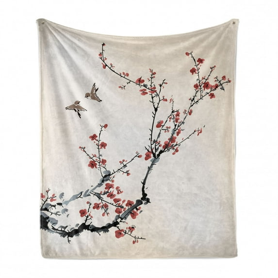Nature Soft Flannel Fleece Throw Blanket, Flowers Buds and Birds with Cherry Branches Style Artwork Painting Effect, Cozy Plush for Indoor and Outdoor Use, 50" x 70", Pale Maroon Black, by Ambesonne