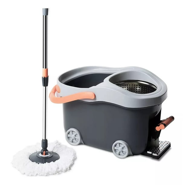 CM-TOP Cubo con Pedal Trapeador de Microfibra Giratorio 180° inclinación Capacidad de 12 Lt Kit Completo con 2 Cabezales de Repuesto Centrifugado con Compartimiento de detergente de Acero Inoxidable