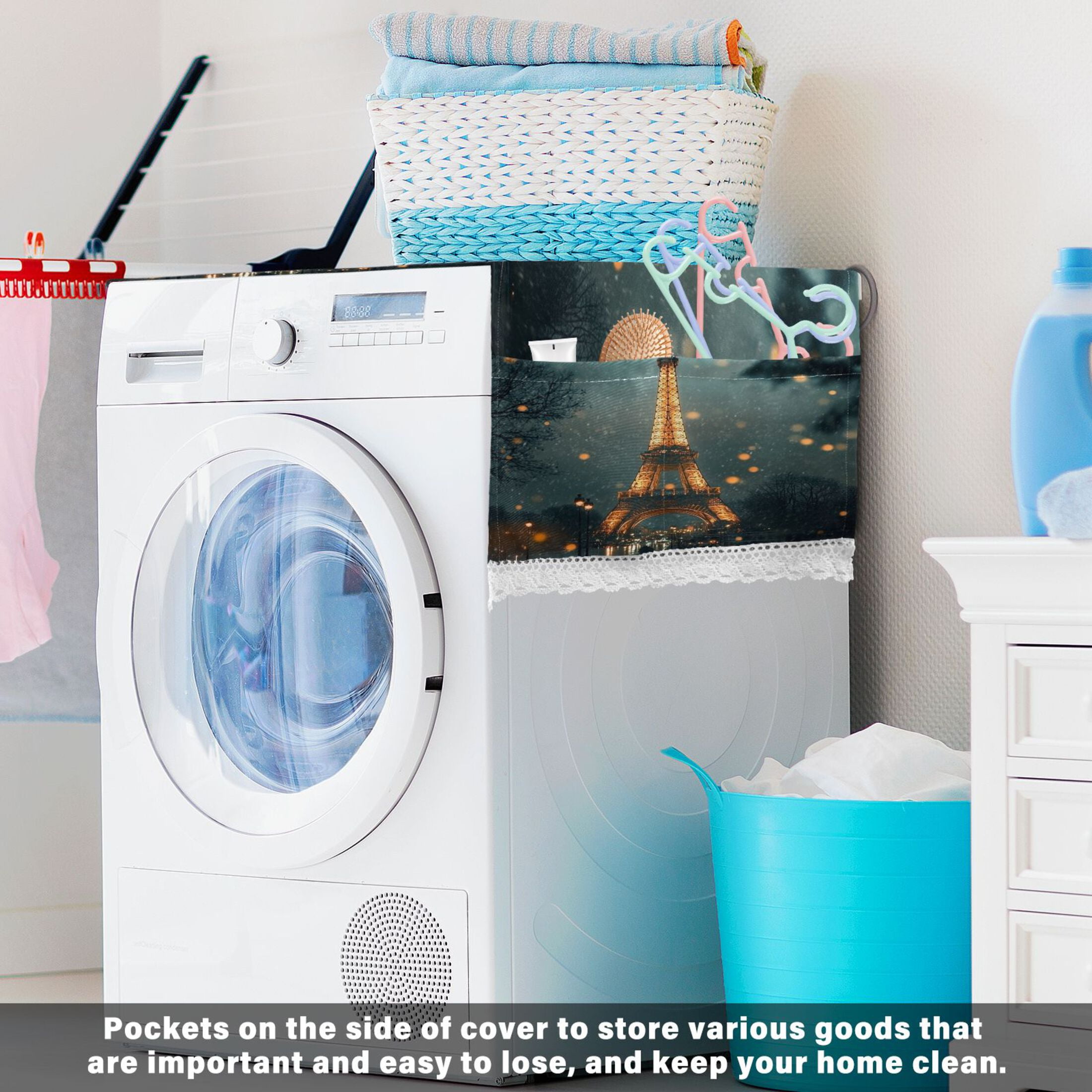 The Tower Of ParisWasher and Dryer Covers Dust-Proof and Oil Resistant Fridge Cover with 4 Storage Pockets Washing Machine Top Cover for Laundry Kitchen Home 51.2 x 22 In