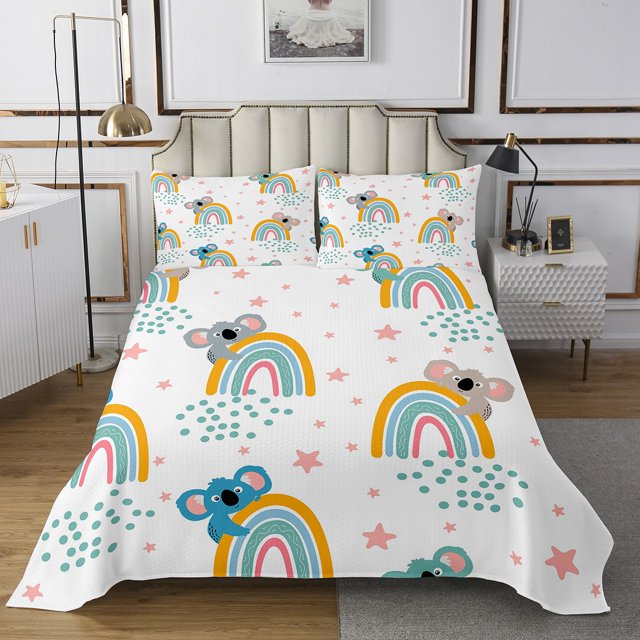 Erosebridal Blue Koala Coverlet Set Twin, Kawaii Animal Bedding Set, Colorful Rainbow Decor 2pcs