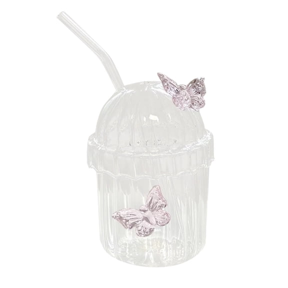 Vertical Striped Glass Tumbler with Lid and Straw French Style Heat Resistant for Coffee Juice Milk Hot Cold Drink