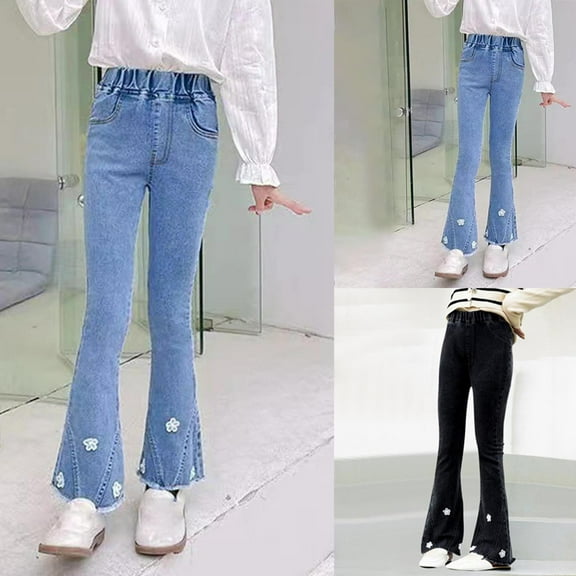 HAOTAGS Mid Waist Long Jeans Kids Comforable Flared Leg Trousers Ripped Distressed with Pockets Girls Clothes Blue 5 Years