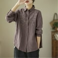 thumbnail image 2 of Admvng Womens Blouses Fashionable Cotton and Linen Embroidered Lapel Button Long Sleeved Shirt Top M-4XL, 2 of 5