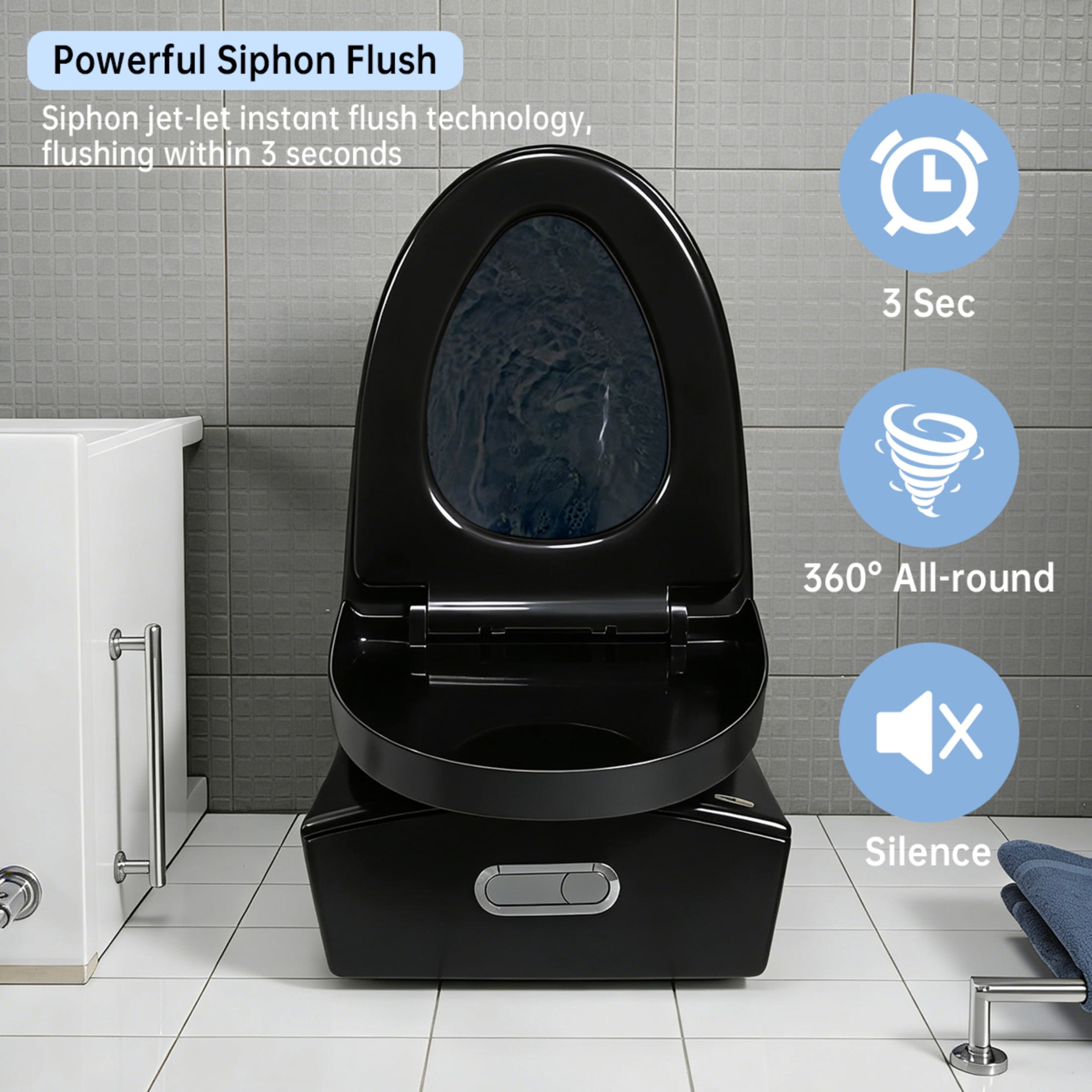 Noble House One-Piece Toilet, Elongated Comfort Bathroom Toilet with Soft-Closing Seat, Dual-Flush Siphon Jet, Black