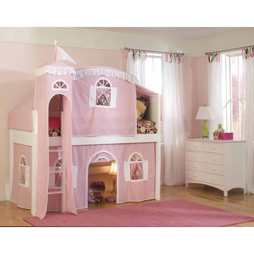 Bolton Furniture Cottage Twin Low Loft Bed, White with Pink/White Tower