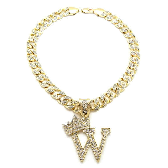 iJewelry2 Kings and Queens Crowned Initial Letter W Crystals Pendant Gold-tone Cuban Linked Chain Necklace
