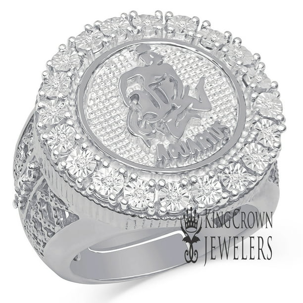 Mens Real Genuine Diamonds Aquarius Water Zodiac Sign Astrology Horoscope Ring 10K White Gold Finish Big Bold Pinky Band