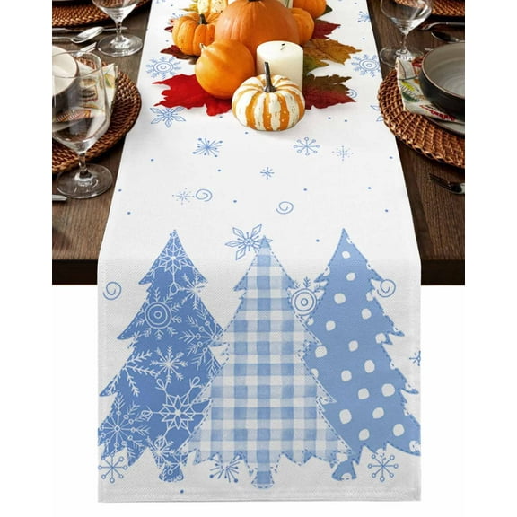 Blue Christmas Table Runner-Cotton Linen- 72 Inch Holiday Dresser Scarves, Xmas Blue Snowflake Pine Tree Tablerunner for Kitchen Coffee/Dining Bedroom Home Living Room Dinner Scarf Décor 16x72