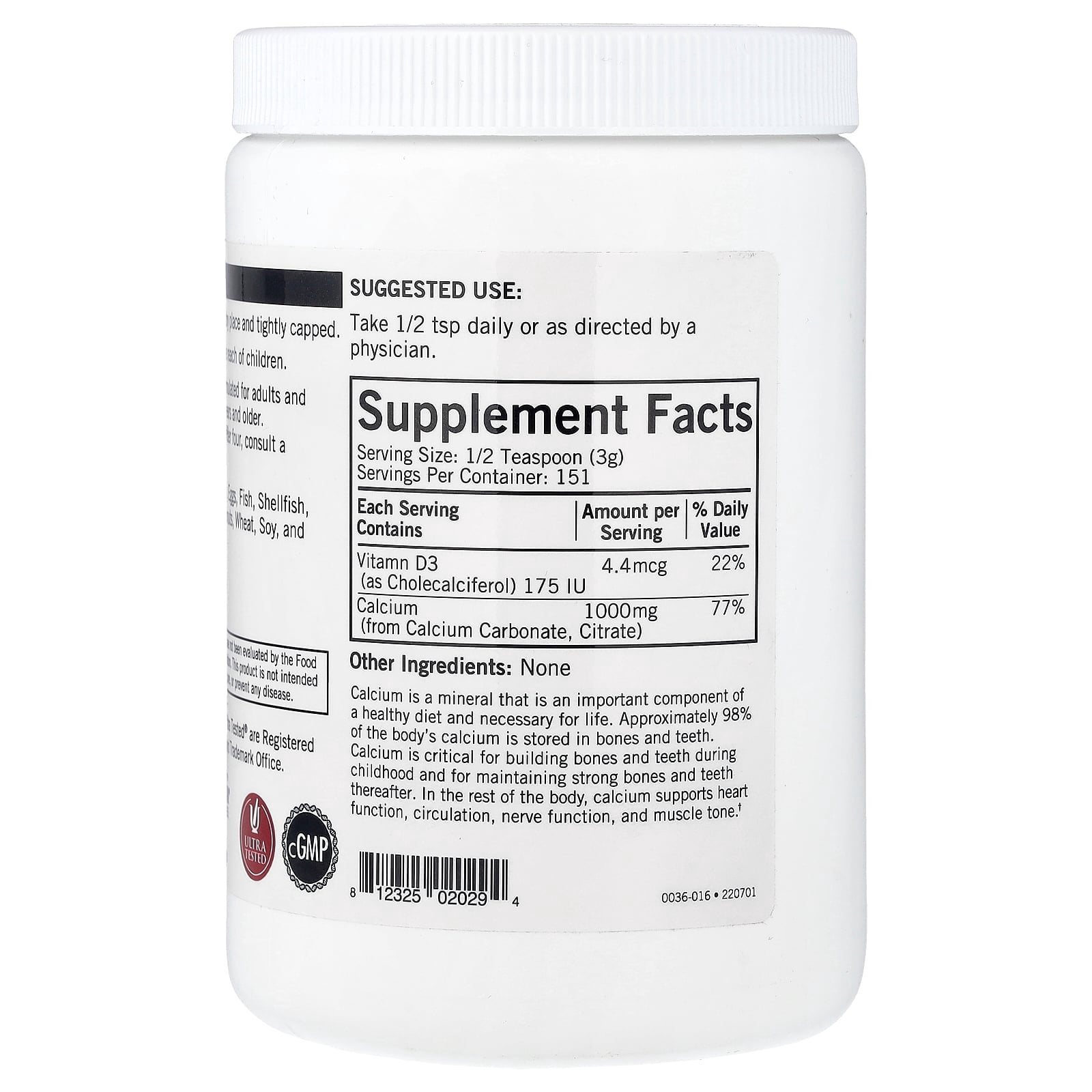 Kirkman Labs Calcium Powder Plus Vitamin D-3, Unflavored, 16 oz (454 g)