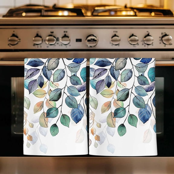 Blue Teal Botanical Kitchen Towels Set of 2, Weeping Fall Eucalyptus Leaves Absorbent Dish Towels for Kitchen, Microfiber Hand Towel, Quick Drying Tea Towel for Cleaning Decorative Dishcloths