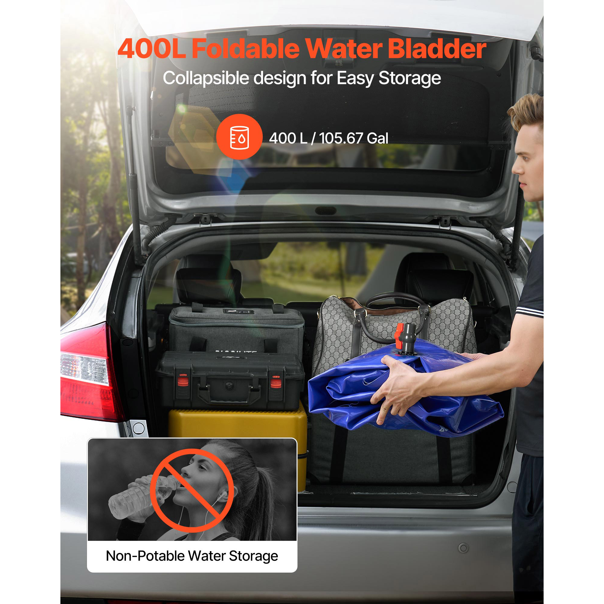 KFFKFF Collapsible Water Storage Bladder, 105.7 Gallon/400L Capacity Portable Container, 1000D Double-Layer PVC Soft Tank for Outdoor Use, Gardening, and Camping (Blue)