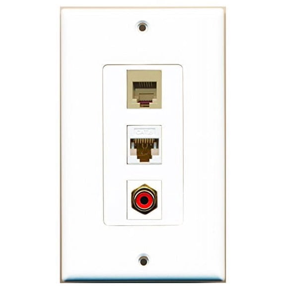 RiteAV - 1 Port RCA Red and 1 Port Phone RJ11 RJ12 Beige and 1 Port Cat6 Ethernet White Decorative Wall Plate Decorative