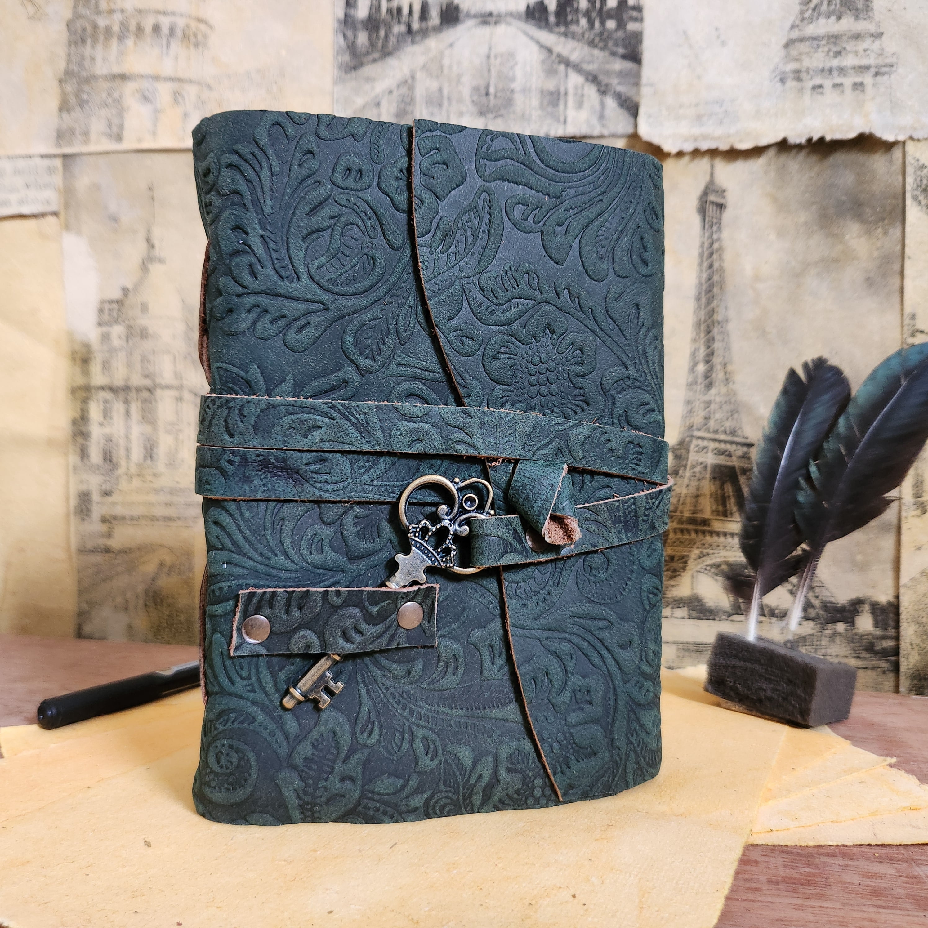 Handmade Leather Journal with Vintage Deckle Edge Paper - 7x5 Inch, 200 Pages - Floral Embossed Cover with Key Closure - Soft Leather Notebook (Pink, Green, Blue)