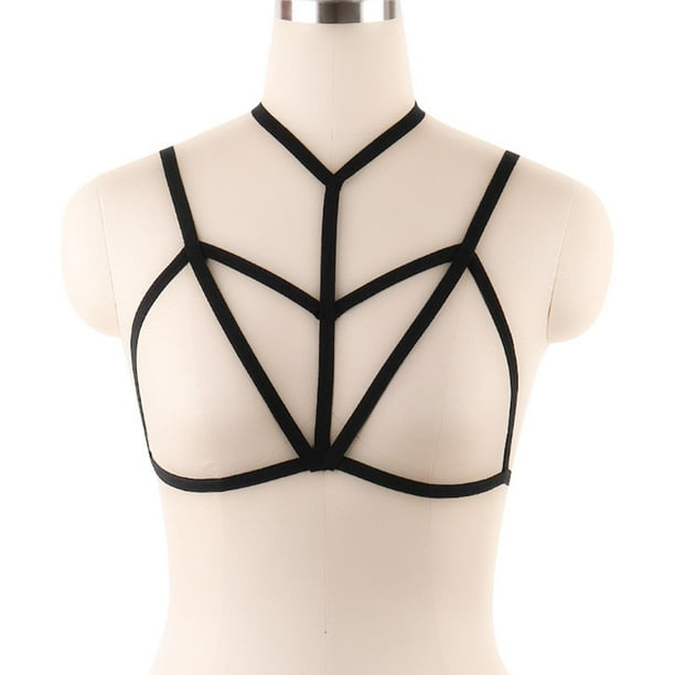 Harness Bra Hollow Out Chest Strap Cupless Cage Bra Punk Gothic Body for  Rave Party Night Wear Dance Costume Noir-1 