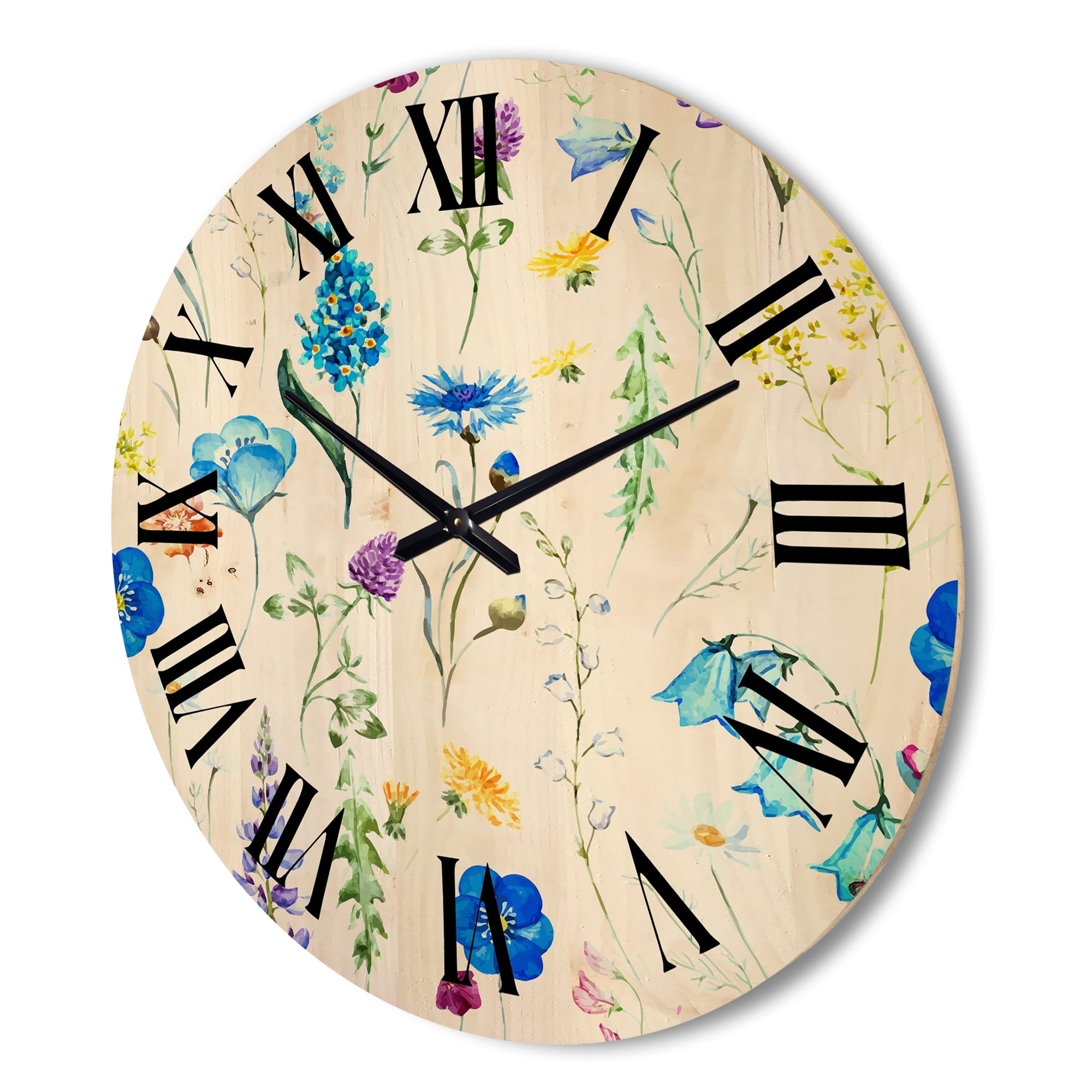 Designart 'Blue Wildflowers With Leaves I' Traditional Wood Wall Clock