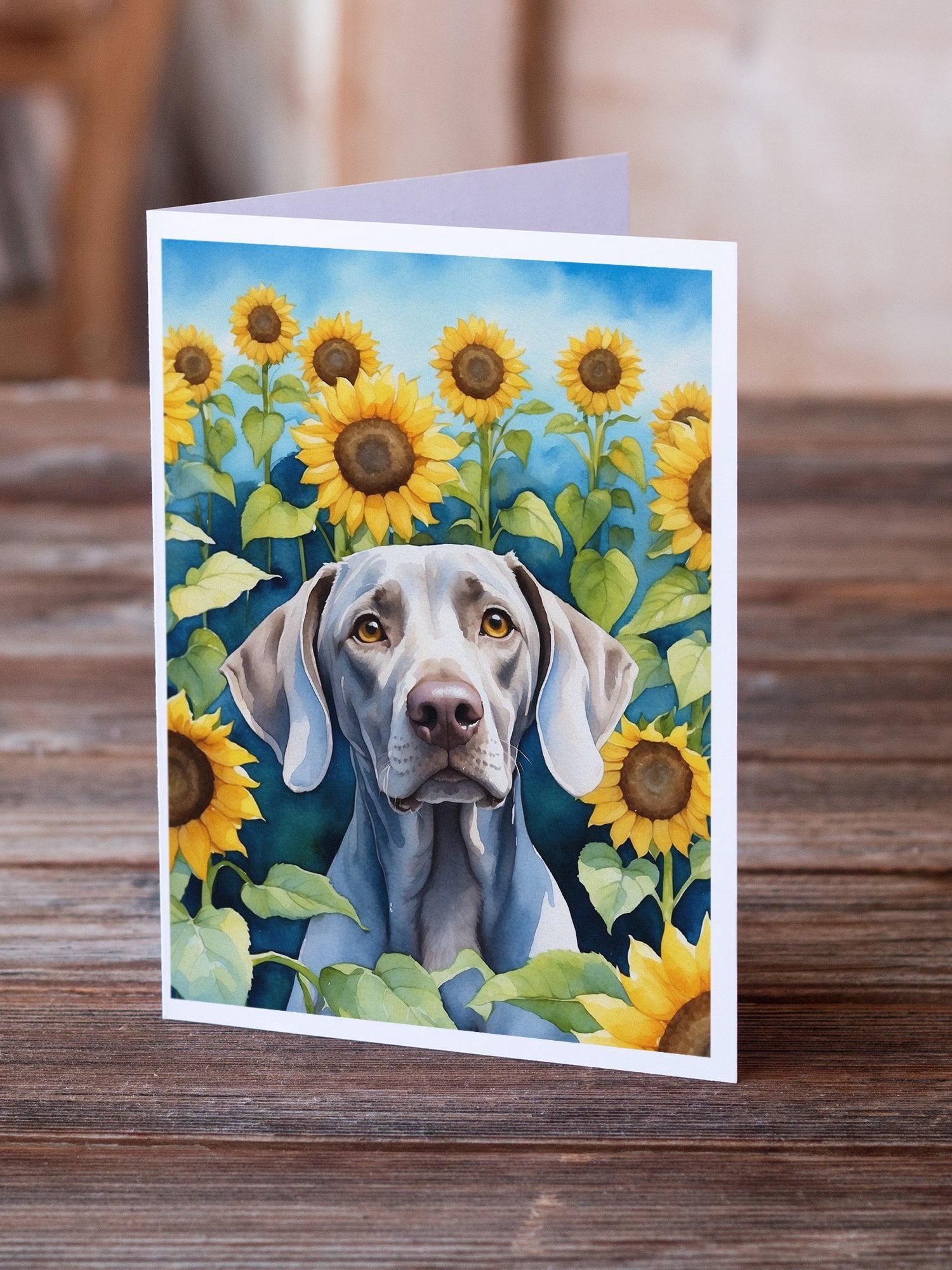 Weimaraner in Sunflowers Greeting Cards Pack of 8 7 in x 5 in