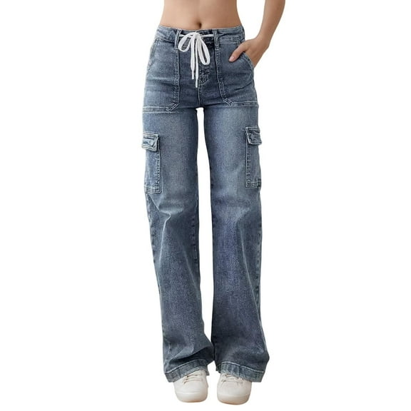 FYDUU Women's Mid Rise Cargo Jeans Casual Straight Leg Denim Pants With Pockets Comfortable Stylish Jeans Denim Trousers Daily Wear Athletic Joggers