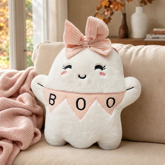 Cute Pink Bow Ghost BOO Plush Pillow, Soft Stuffed Ghost Throw Pillow Decor, Adorable Halloween Home Sofa Couch Bedroom Holiday Decoration Gift for teens