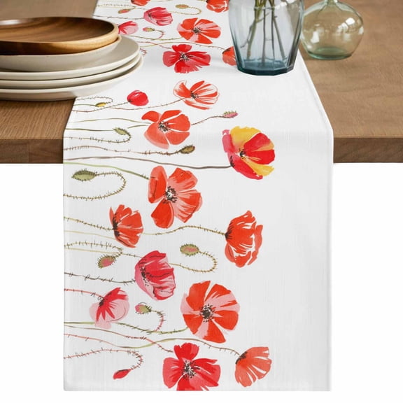 Table Runner 108 Inches Long for Kitchen Dining, Red Flowers Dresser Scarf Farmhouse, Dining Table Decorations for Wedding/Parties, Watercolor Spring Country Botanical Floral 13 x 108 In