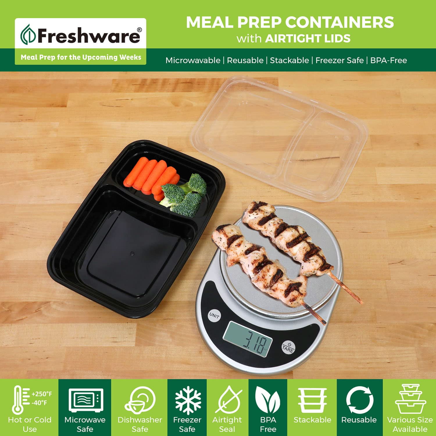 Freshware Meal Prep TWE5&nbsp;Containers [15 Pack] 2 Compartment with Lids, Food Storage Containers, Bento Box, BPA Free, Stackable, Microwave/Dishwasher/Freezer Safe (28 oz)