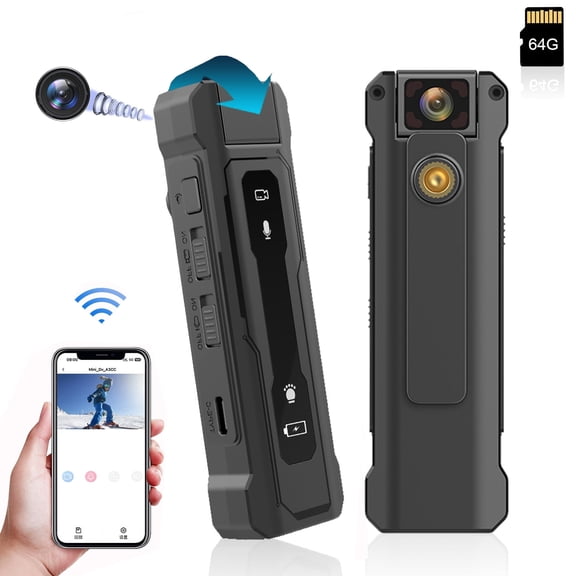 Prociv Mini Body Camera, 1080P WiFi Video Recorder Wearable Portable Security Cam with Back Clip Design, 1080P BodyCam Tiny Camera with 180° Rotatable Lens for Travel, Camping (64GB Card Included)