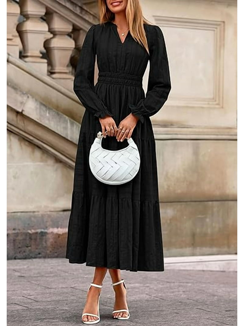 PRETTYGARDEN Women's Fall Wedding Guest Dresses Long Sleeve V Neck Flowy  Elegant Holiday Party Maxi Dress with Pockets - Walmart.com
