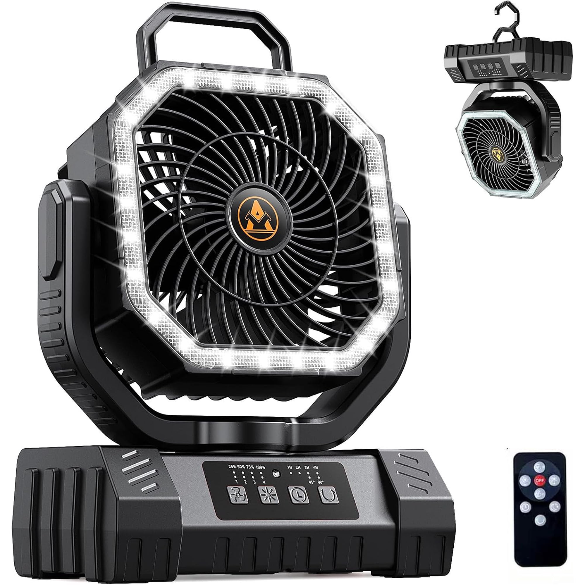 Camping Fan Rechargeable - 20000mAh Cordless Battery Powered Portable Fan with LED Lantern, Remote Auto Oscillating Wireless Fan USB Rechargeable Tent Fan for Travel Outdoor Cooling Car Home (Black)