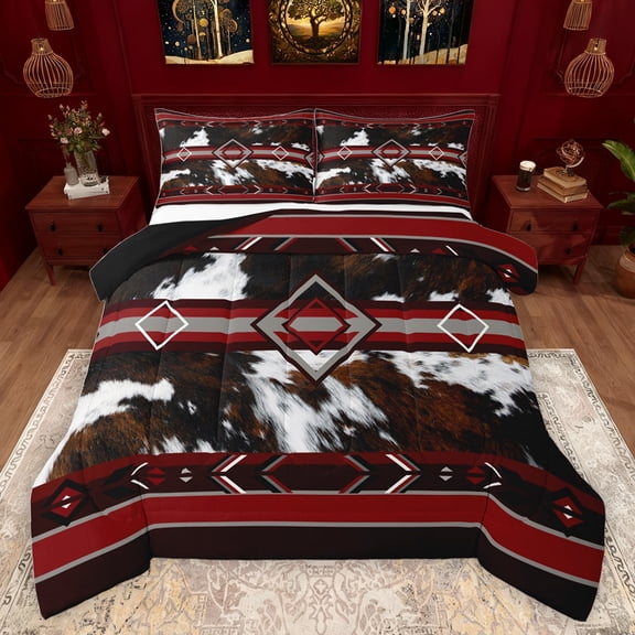 jejeloiu Rustic Cow Hide Bedding Comforter Set,Abstract Geometric Rhombus Twin Comforter Sets,Red Brown White Bedding Set For Boys Kids,Ultra Soft Home Decor Reversible,2pcs